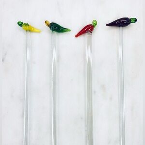 Vintage Glass Swizzle Sticks Peppers Glass Elegant Party Drink Stir Stick MCM